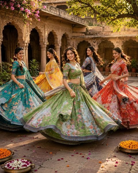 Alluring Teal Blue Ethnic Tabby Silk Lehenga Choli with Rich Digital Print for Women Designer Lehenga Choli