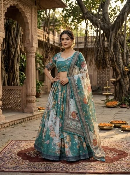 Alluring Teal Blue Ethnic Tabby Silk Lehenga Choli with Rich Digital Print for Women Designer Lehenga Choli