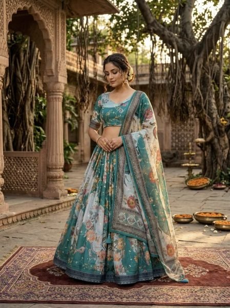 Alluring Teal Blue Ethnic Tabby Silk Lehenga Choli with Rich Digital Print for Women Designer Lehenga Choli