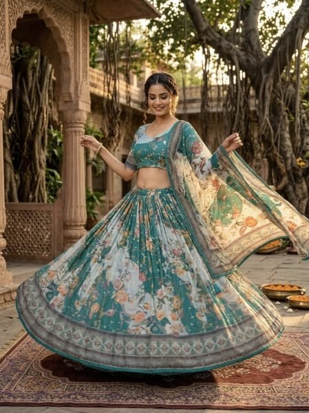 Alluring Teal Blue Ethnic Tabby Silk Lehenga Choli with Rich Digital Print for Women Designer Lehenga Choli
