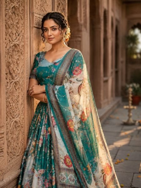 Alluring Teal Blue Ethnic Tabby Silk Lehenga Choli with Rich Digital Print for Women Designer Lehenga Choli