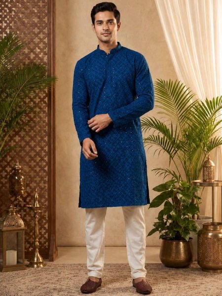 Alluring Teal Blue Men's Chikan Schiffli Kurta with Cotton Pajama For Garba Night 