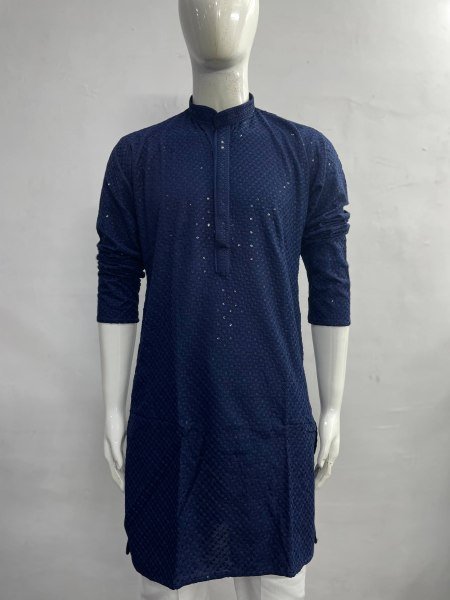 Alluring Teal Blue Men's Chikan Schiffli Kurta with Cotton Pajama For Garba Night Kurta Pajama Wholesale