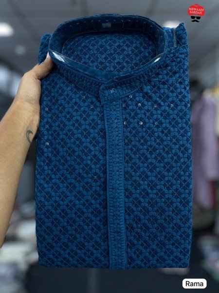 Alluring Teal Blue Men's Chikan Schiffli Kurta with Cotton Pajama For Garba Night Kurta Pajama Wholesale