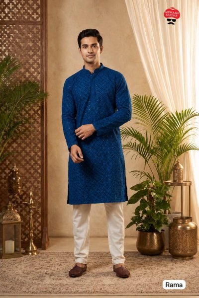 Alluring Teal Blue Men's Chikan Schiffli Kurta with Cotton Pajama For Garba Night Kurta Pajama Wholesale