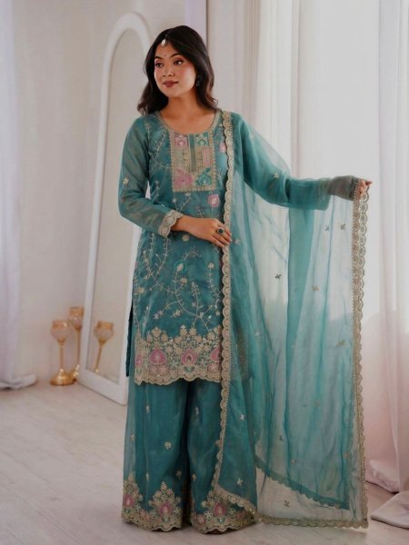 Alluring Teal Blue Premium Fendy Silk Kurta Pant Dupatta Set at Wholesale Rate Ready To Wear Suit