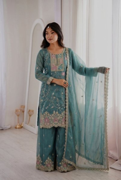 Alluring Teal Blue Premium Fendy Silk Kurta Pant Dupatta Set at Wholesale Rate Ready To Wear Collection