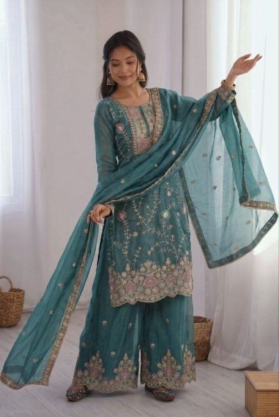 Alluring Teal Blue Premium Fendy Silk Kurta Pant Dupatta Set at Wholesale Rate Ready To Wear Collection