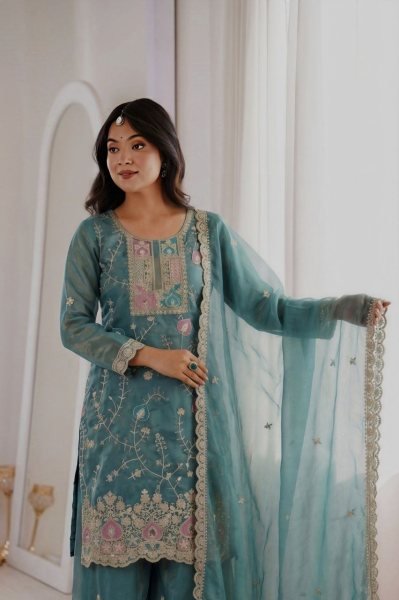 Alluring Teal Blue Premium Fendy Silk Kurta Pant Dupatta Set at Wholesale Rate Ready To Wear Collection