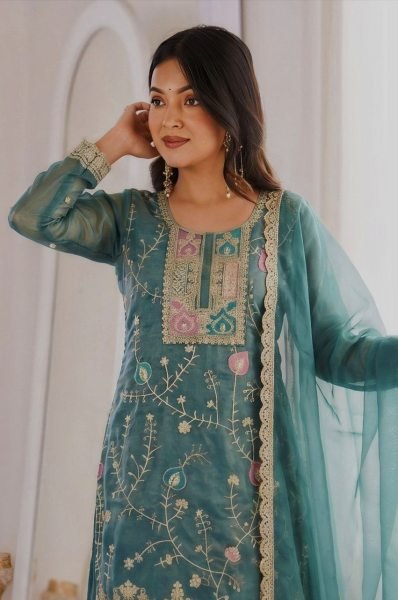 Alluring Teal Blue Premium Fendy Silk Kurta Pant Dupatta Set at Wholesale Rate Ready To Wear Collection
