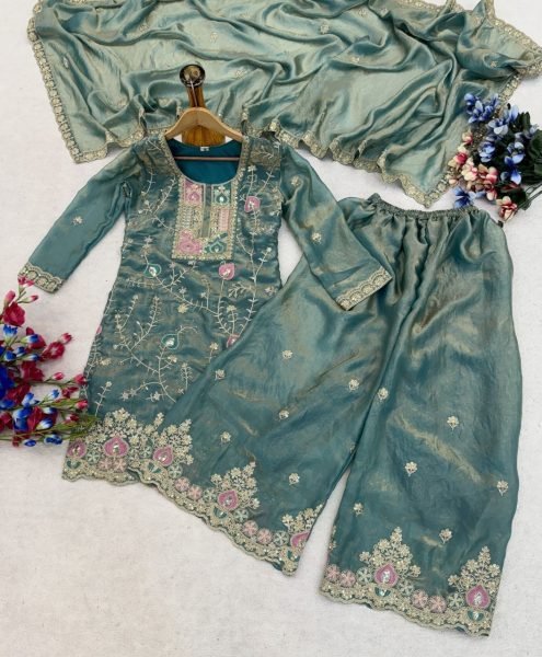 Alluring Teal Blue Premium Fendy Silk Kurta Pant Dupatta Set at Wholesale Rate Ready To Wear Collection