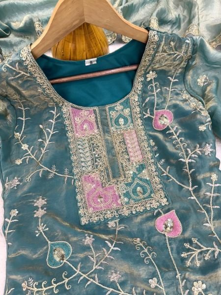 Alluring Teal Blue Premium Fendy Silk Kurta Pant Dupatta Set at Wholesale Rate Ready To Wear Collection