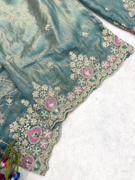 Alluring Teal Blue Premium Fendy Silk Kurta Pant Dupatta Set at Wholesale Rate Ready To Wear Collection