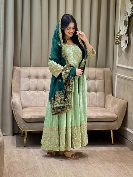 Alluring Velvet Embroidered Sequins Zari Gown with 3 Meter Flair and Dupatta Exporters Winter Wear