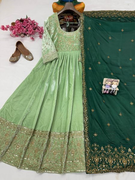 Alluring Velvet Embroidered Sequins Zari Gown with 3 Meter Flair and Dupatta Exporters Kurti With Dupatta Wholesale