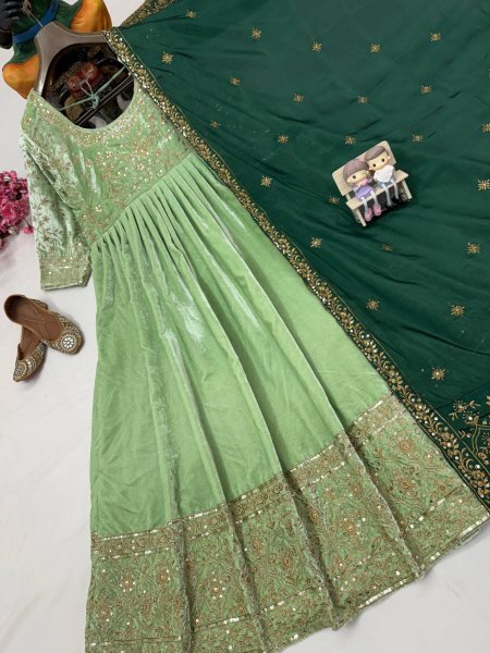 Alluring Velvet Embroidered Sequins Zari Gown with 3 Meter Flair and Dupatta Exporters Kurti With Dupatta Wholesale