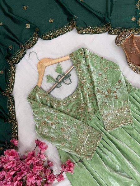 Alluring Velvet Embroidered Sequins Zari Gown with 3 Meter Flair and Dupatta Exporters Kurti With Dupatta Wholesale