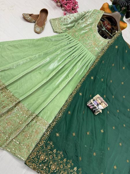 Alluring Velvet Embroidered Sequins Zari Gown with 3 Meter Flair and Dupatta Exporters Kurti With Dupatta Wholesale