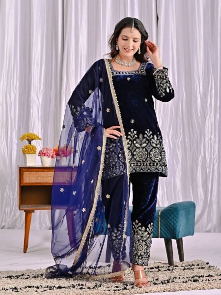 Alluring Viscose Velvet Multi Sequence Embroidered Work Suit with Fancy Lace Net Dupatta for Wedding Wear 