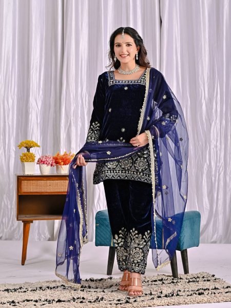 Alluring Viscose Velvet Multi Sequence Embroidered Work Suit with Fancy Lace Net Dupatta for Wedding Wear Ready To Wear Collection