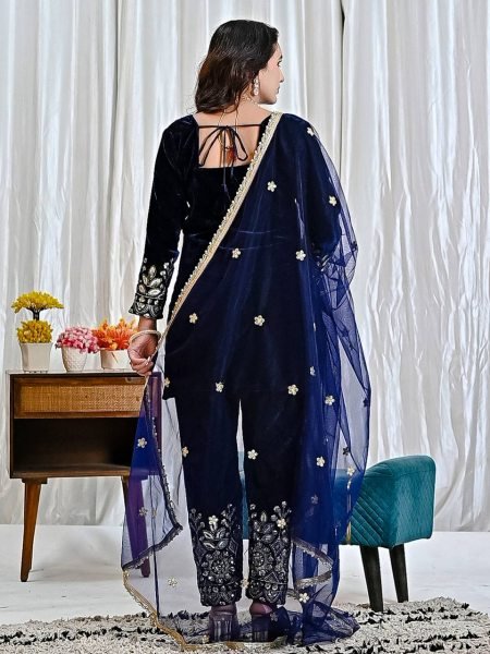 Alluring Viscose Velvet Multi Sequence Embroidered Work Suit with Fancy Lace Net Dupatta for Wedding Wear Ready To Wear Collection
