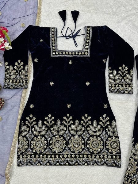 Alluring Viscose Velvet Multi Sequence Embroidered Work Suit with Fancy Lace Net Dupatta for Wedding Wear Ready To Wear Collection