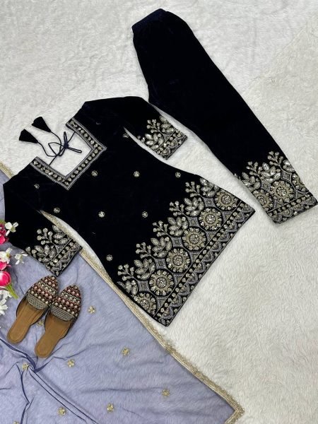 Alluring Viscose Velvet Multi Sequence Embroidered Work Suit with Fancy Lace Net Dupatta for Wedding Wear Ready To Wear Collection