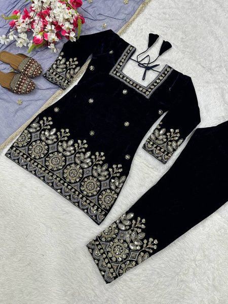 Alluring Viscose Velvet Multi Sequence Embroidered Work Suit with Fancy Lace Net Dupatta for Wedding Wear Ready To Wear Collection