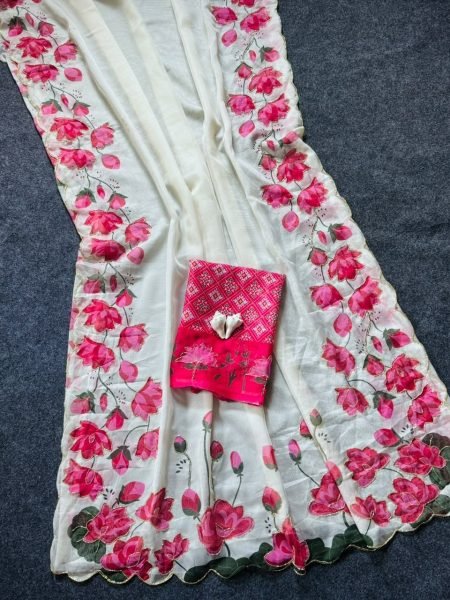 Alluring White Designer Soft Tabi Saree with Kamal Print and Cut Dana Handwork Printed Cotton Sarees Wholesale