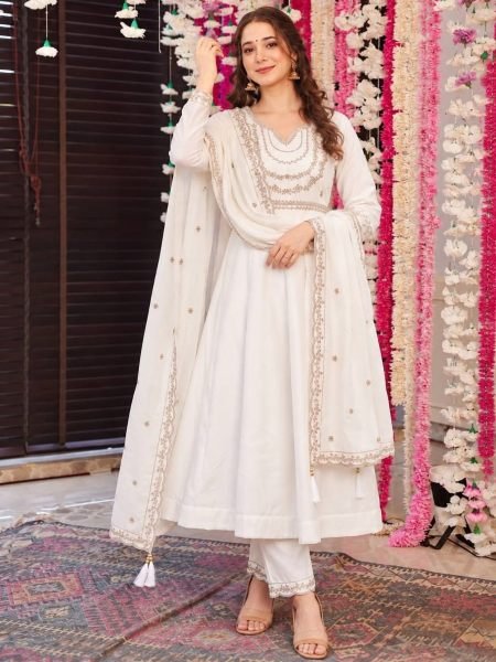 Alluring White Premium Ready to Wear Anarkali Suit in Roman Silk Fabric at Wholesale Rate 