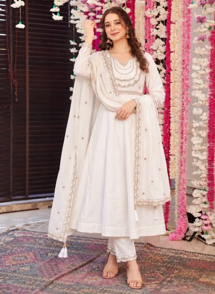 Alluring White Premium Ready to Wear Anarkali Suit in Roman Silk Fabric at Wholesale Rate Anarkali Kurtis 