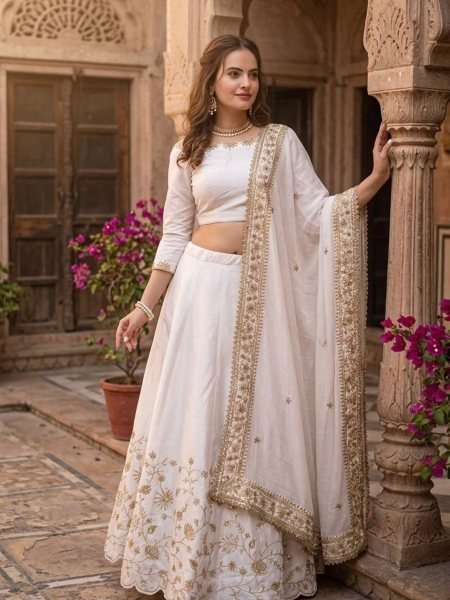 Alluring White Slub Silk Lehenga with Zari Sequins Work for Wedding Wear  Lehenga