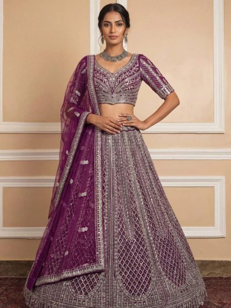 Alluring Wine Semi Stitched Net Lehenga with Silver Work for Festive Wear  Lehenga