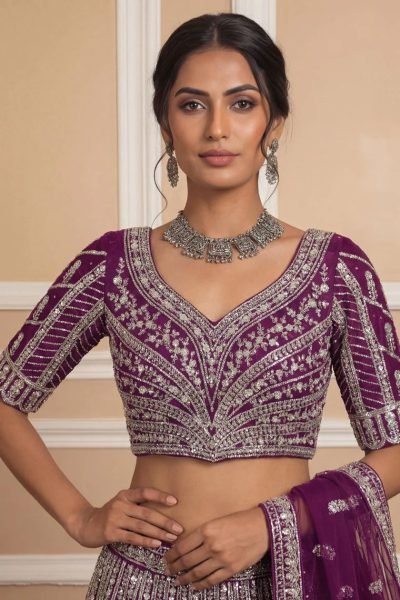 Alluring Wine Semi Stitched Net Lehenga with Silver Work for Festive Wear Bridal Lehenga Choli
