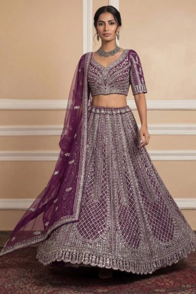 Alluring Wine Semi Stitched Net Lehenga with Silver Work for Festive Wear Bridal Lehenga Choli