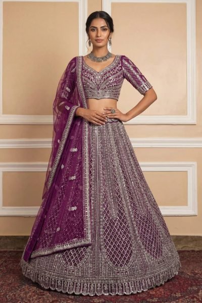Alluring Wine Semi Stitched Net Lehenga with Silver Work for Festive Wear Bridal Lehenga Choli