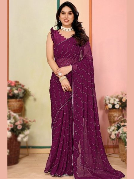 Alluring Wine Soft Georgette Silk With Mukesh Work On All Over Sari Designer Wedding Sarees Wholesale