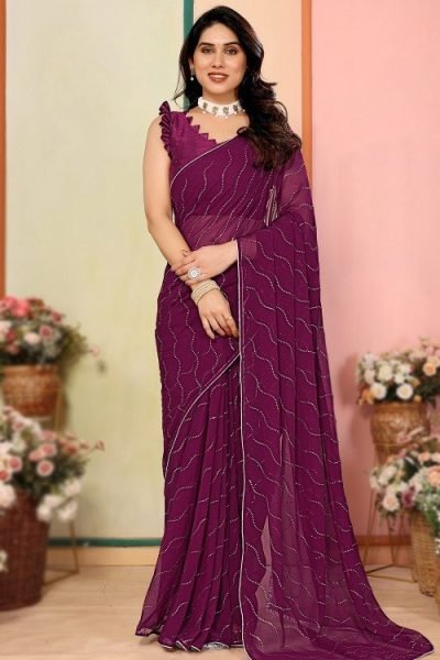Alluring Wine Soft Georgette Silk With Mukesh Work On All Over Sari Designer Wedding Sarees Wholesale