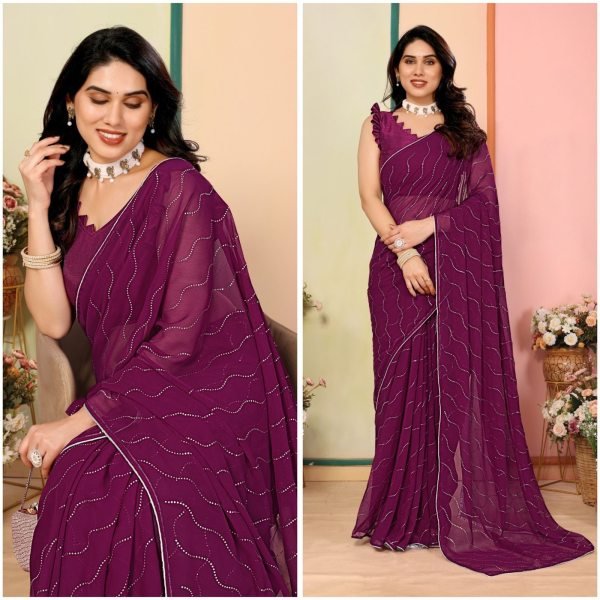 Alluring Wine Soft Georgette Silk With Mukesh Work On All Over Sari Designer Wedding Sarees Wholesale
