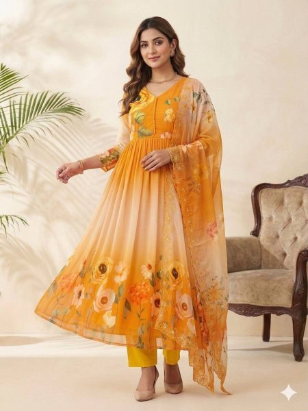 Alluring Yellow Georgette Gown Set with Embroidery Dupatta for Wedding Functions Kurtis