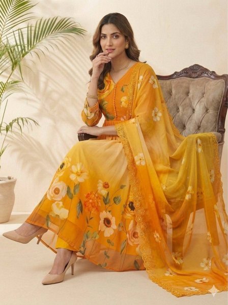 Alluring Yellow Georgette Gown Set with Embroidery Dupatta for Wedding Functions Anarkali Kurtis 