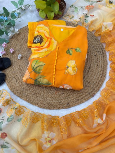 Alluring Yellow Georgette Gown Set with Embroidery Dupatta for Wedding Functions Anarkali Kurtis 