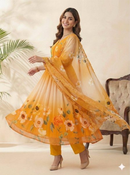 Alluring Yellow Georgette Gown Set with Embroidery Dupatta for Wedding Functions Anarkali Kurtis 