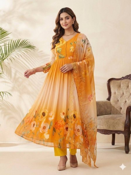 Alluring Yellow Georgette Gown Set with Embroidery Dupatta for Wedding Functions Anarkali Kurtis 
