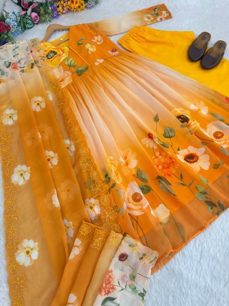Alluring Yellow Georgette Gown Set with Embroidery Dupatta for Wedding Functions Anarkali Kurtis 