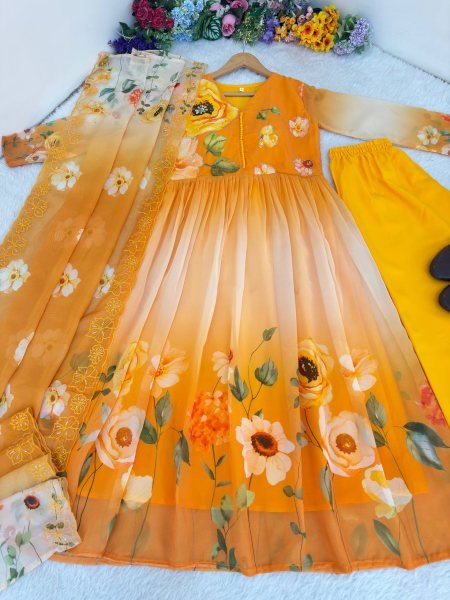 Alluring Yellow Georgette Gown Set with Embroidery Dupatta for Wedding Functions Anarkali Kurtis 