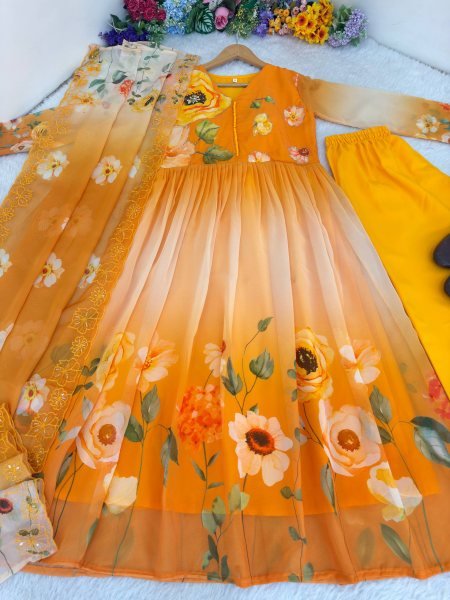 Alluring Yellow Georgette Gown Set with Embroidery Dupatta for Wedding Functions Anarkali Kurtis 