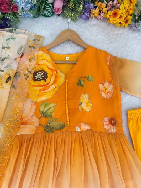 Alluring Yellow Georgette Gown Set with Embroidery Dupatta for Wedding Functions Anarkali Kurtis 