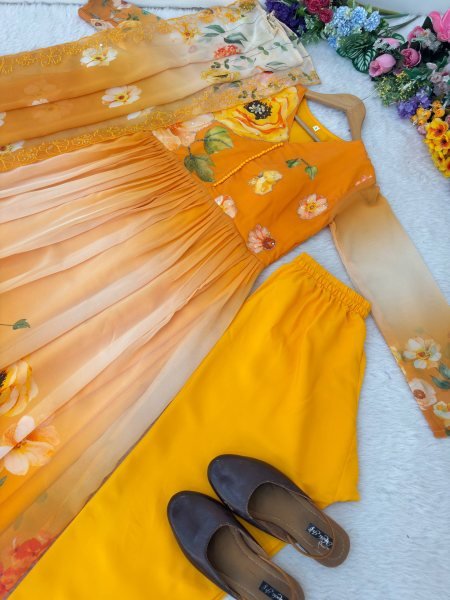Alluring Yellow Georgette Gown Set with Embroidery Dupatta for Wedding Functions Anarkali Kurtis 