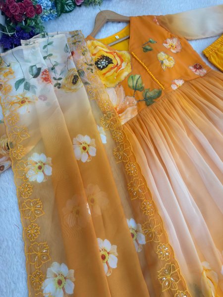 Alluring Yellow Georgette Gown Set with Embroidery Dupatta for Wedding Functions Anarkali Kurtis 